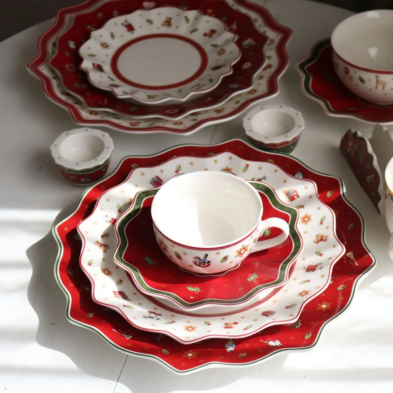 

Red christmas ceramic tableware,Red & White Christmas Patterns Ceramic Plates ,Hand-Stamped Holiday Design