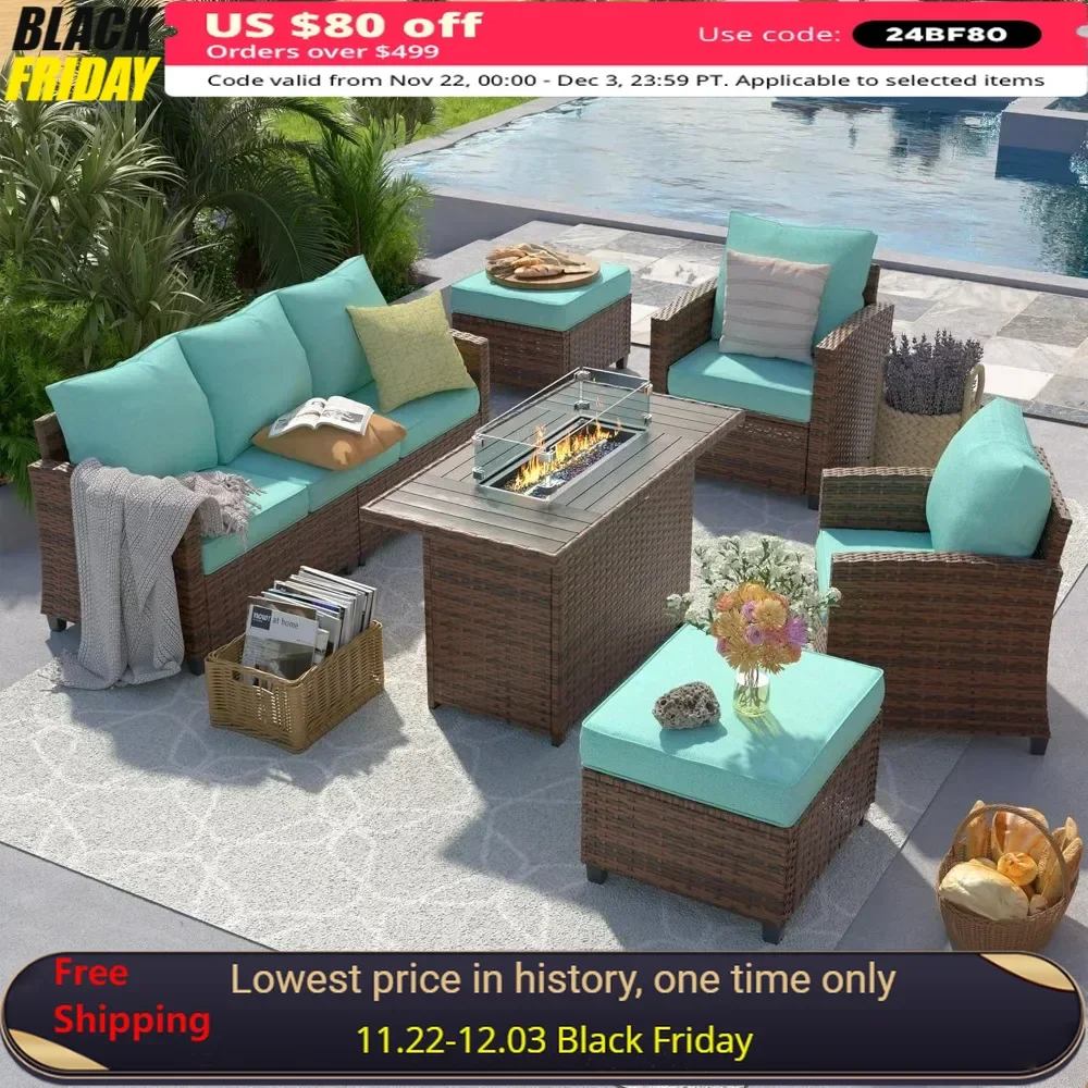 Set furnitur teras dengan 44 "meja lubang api, 6 buah Set percakapan bagian luar ruangan, Sofa Ottoman rotan anyam semua cuaca