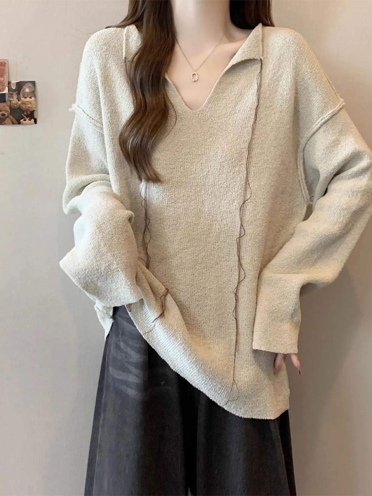 

Повседневный свободный вязаный свитер с длинными рукавами больших размеров для женщин, модный, весна 2026, стройнящий, удобный, универсальный топ