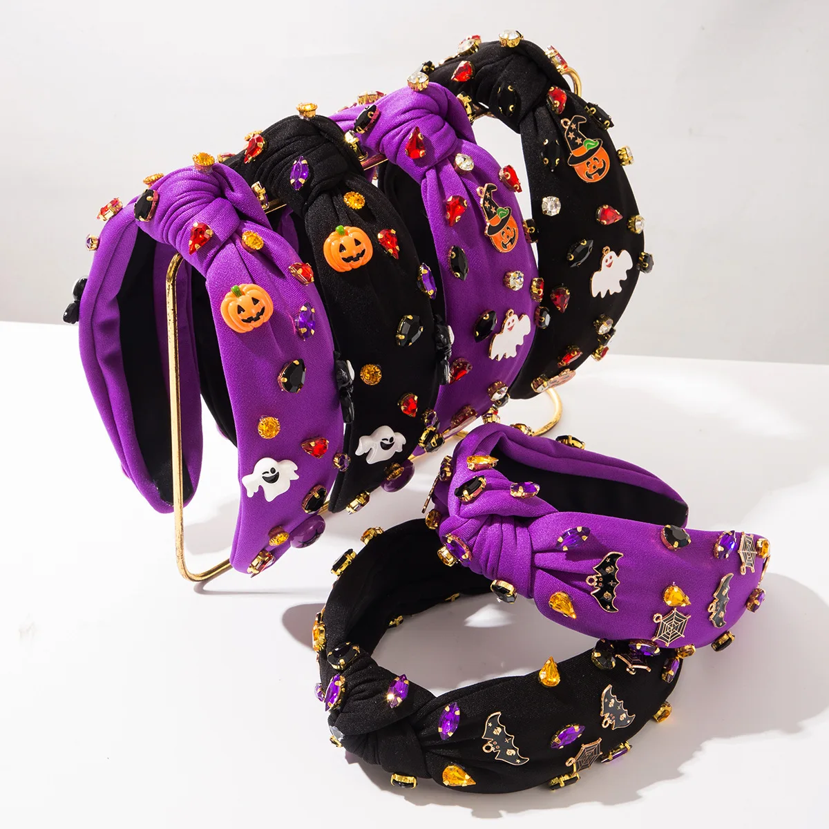 New Halloween Crystal Pumpkin Ghost Hair Band Women Wide Rhinestone Knot Headband Festive Costume Party Cute Hairpiece Jewelry