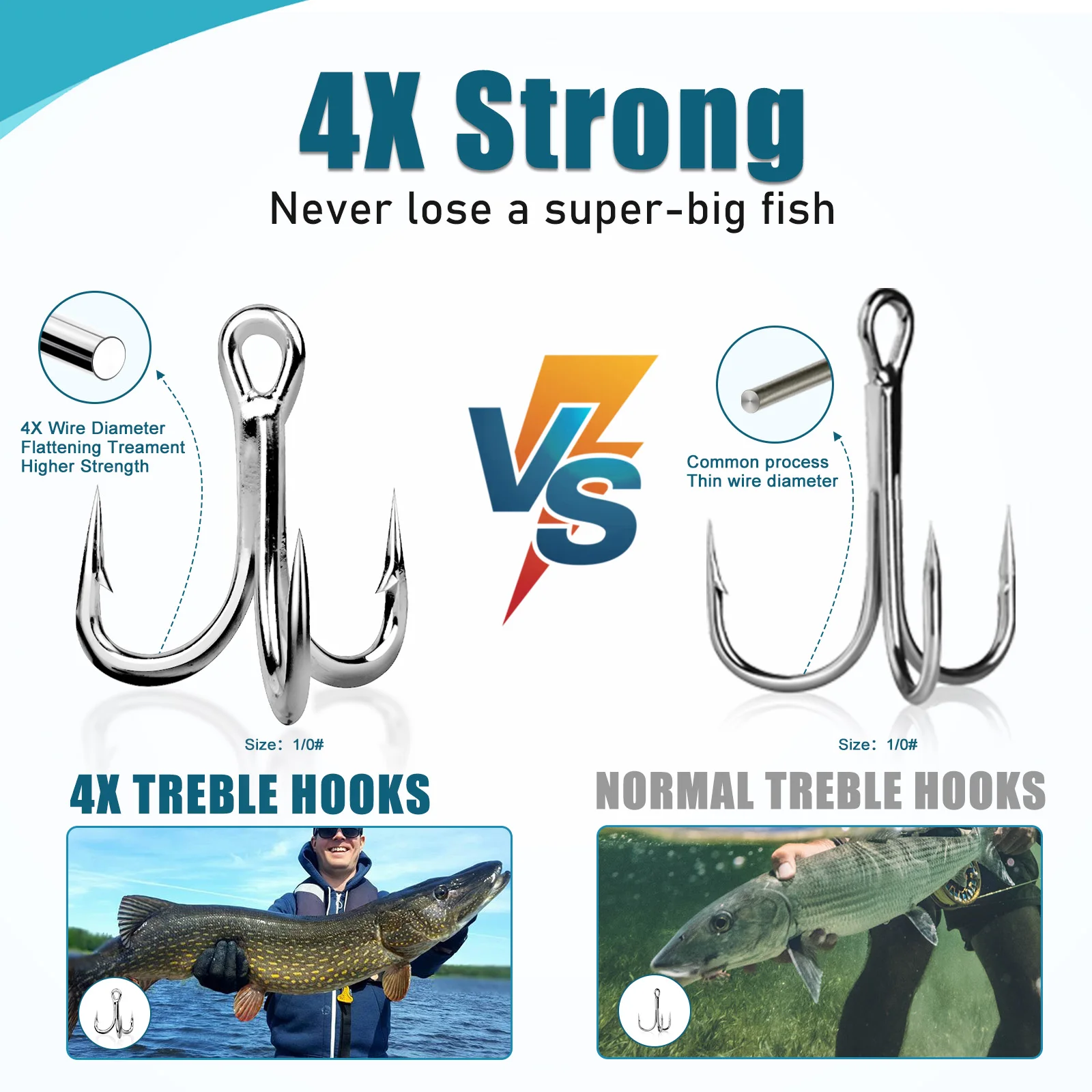 4X Fishing Treble Hooks 10Pcs Strong Round Bend Treble Hooks Crankbaits Spinners Replacement Fishing Hooks Freshwater Fishing