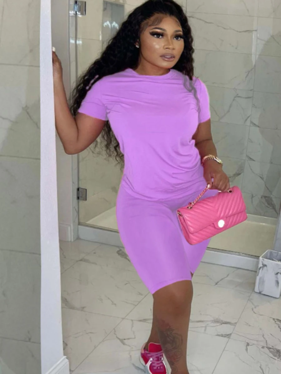 LW BASICS Plus Size shorts sets summer short sleeve Round Neck T-shirt + Skinny Stretchy Shorts Set casual women's clothing suit