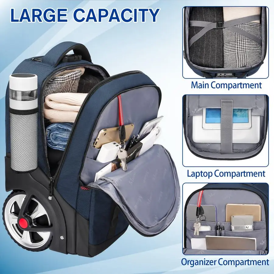 Mochila de rolamento com rodas, mochila de rolo grande de 17 polegadas com trava de combinação, resistente à água anti-roubo para viagem