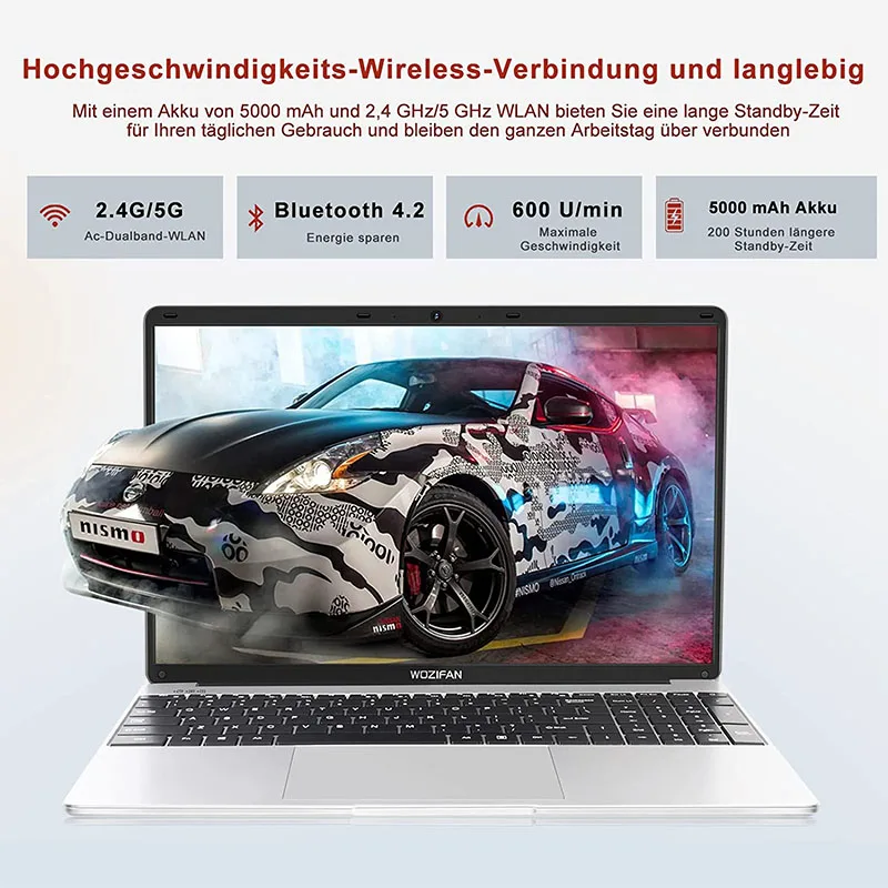 Wozifan laptop 128gb ssd unterstützung erweiterung 15.6 "intel 6gb laptop windows fhd1080 2,4g 5g wifi bt 4,2 hdmi drahtlose maus silber