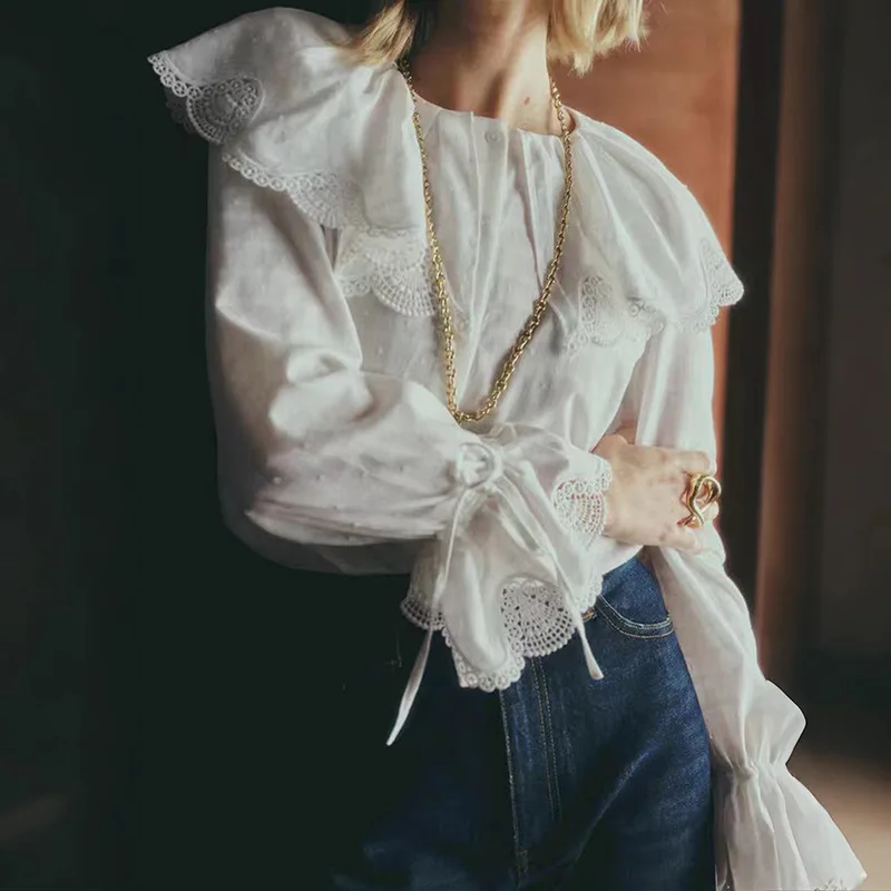 

【Gift Free】Women French Niche Embroidered Lace Bow Tie Blouse Big Round Collar Flare Sleeve Top 2025 Fall Winter Fashion