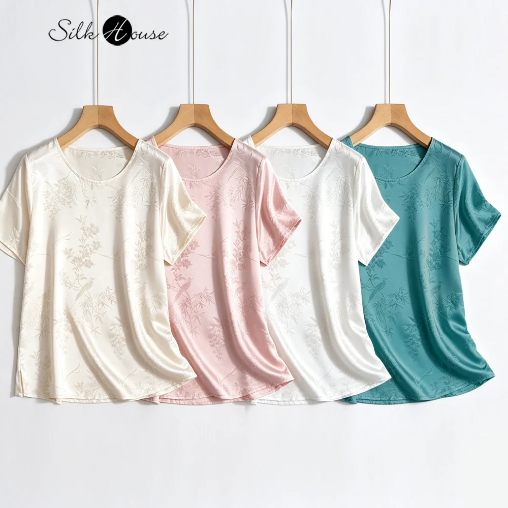 Damen-T-Shirt, lässig, vielseitig, für den Sommer, neu, 100 % natürliche Maulbeerseide, Jacquard-Satin, Rundhalsausschnitt, kurzärmelig, schlicht, vielseitig