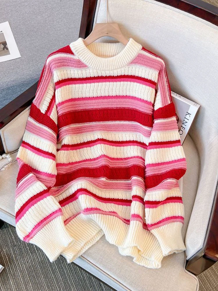 Loose Simplicity Korean Fashion Long Sleeve Sweater Stripes Knitwears Women Pulovers Summer Round Neck Tops for Women 2026