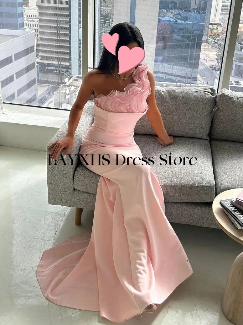 LAYXHS Mode Roze Zeemeermin Avondjurken One-Shoulder Gelaagde Ruche Mouwloze Galajurk Aangepaste فسات Ajo