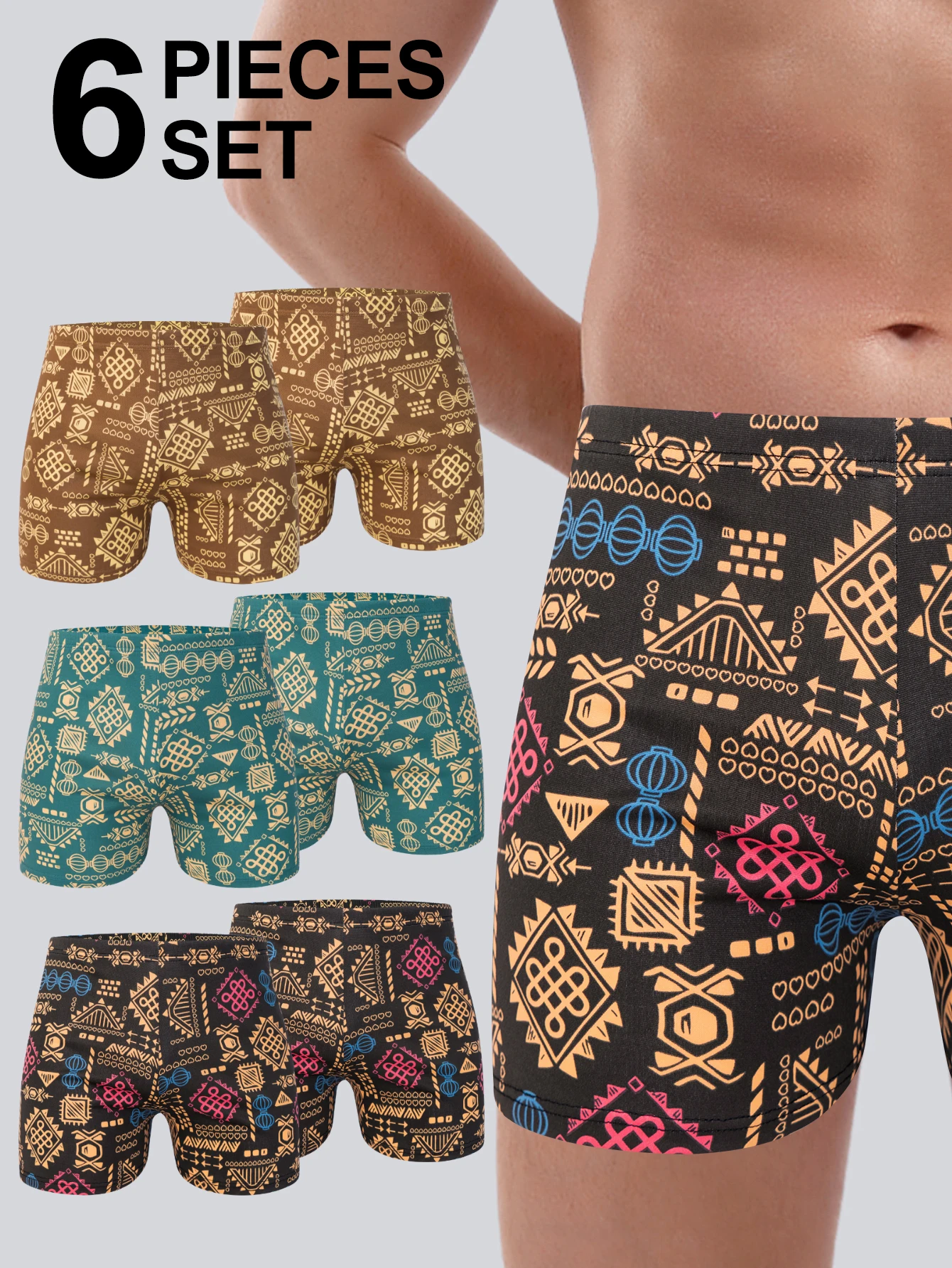 

6PCS Men's Underwear Retro Ethnic Style Print Men Boxer Shorts Pants Trendy Casual Home New Breathable Men's Underpant