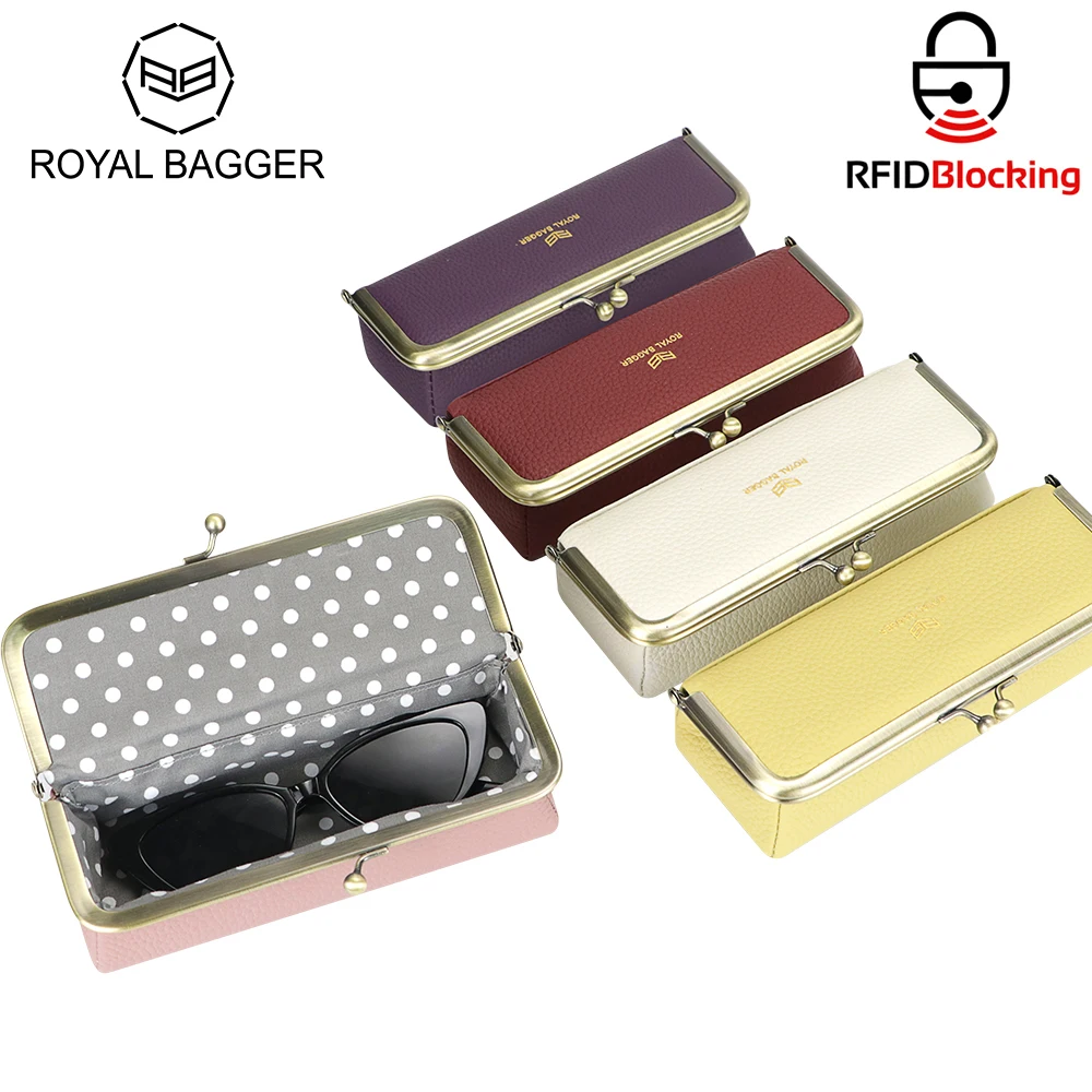 

Royal Bagger Fashion Glasses Case for Women, Genuine Leather Pencil Bag with Kiss Lock, Coin Purse - RFID Blocking 2132