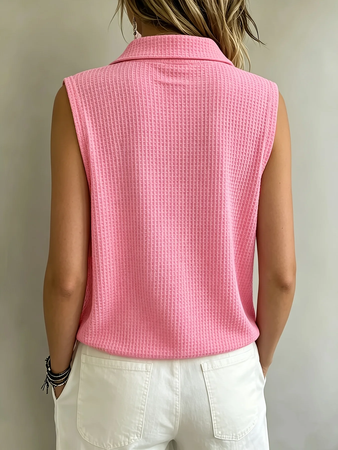Women's casual sleeveless Polo shirt, soft waffle knit V-neck vest, button placket, solid pink loose fit summer top, suitable fo
