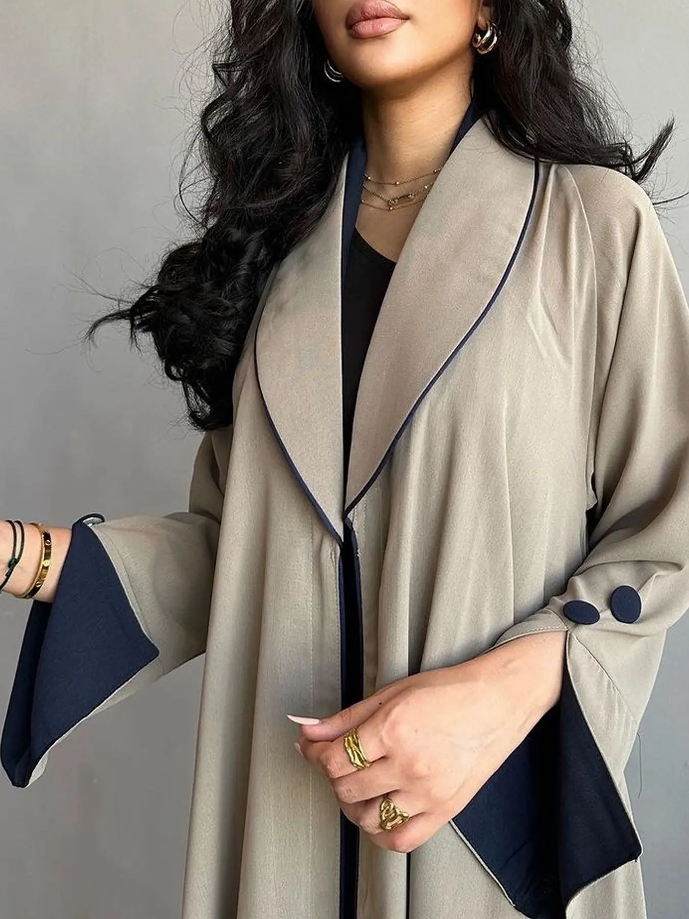 2024 New Muslim Ramadan Eid Black Beige Open Kimono Abaya Contrast Color Shalwar Kameez Casual Loose Moroccan Gulf Women Robe