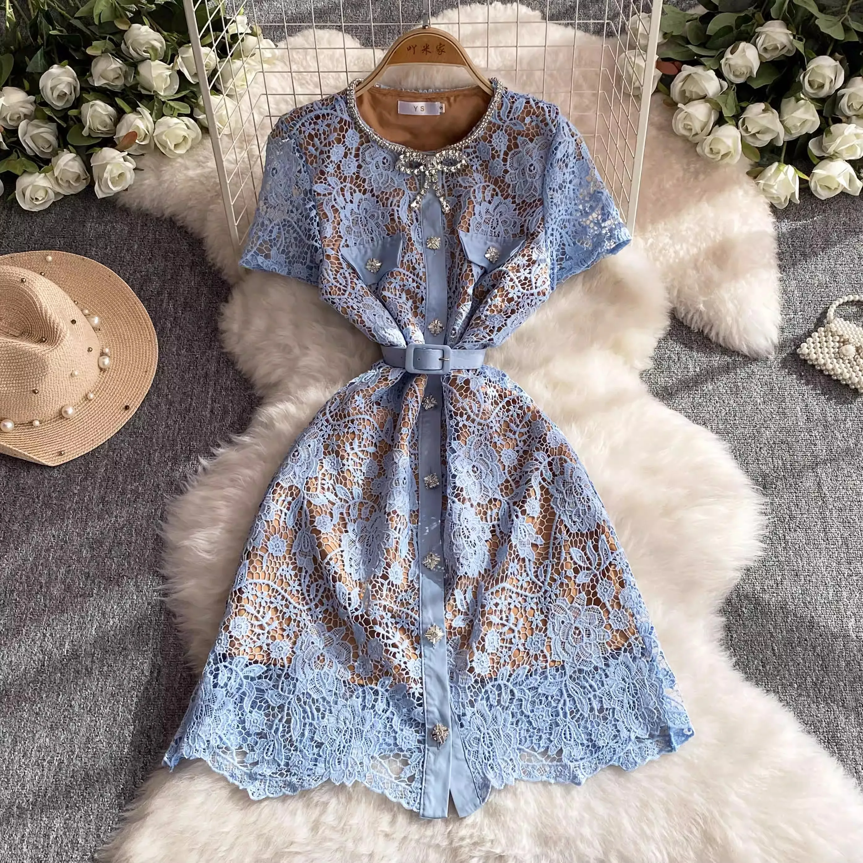 Runway Hollow Out Embroidery Crochet Lace Dress Women O-Neck Crystal Beaded Bow Diamond Button Single Breasted Belt Midi Vestido