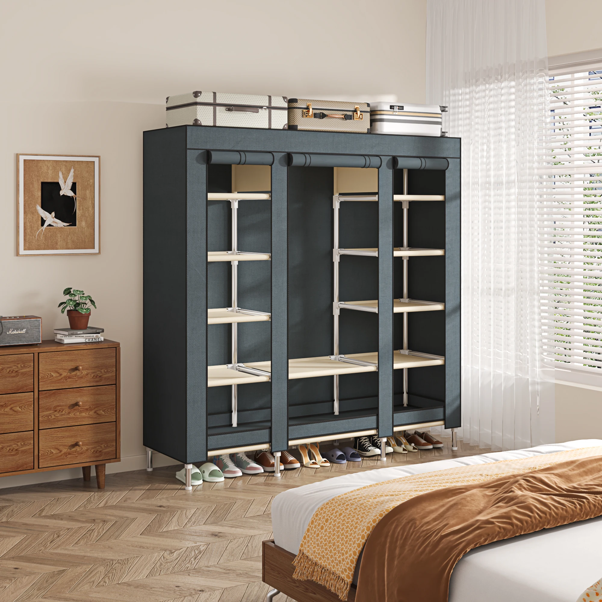 Large-Capacity Multi-Compartment Fabric Wardrobe Easy Assembly ARMOIRE with 11 Storage Shelves for Home Bedroom Use