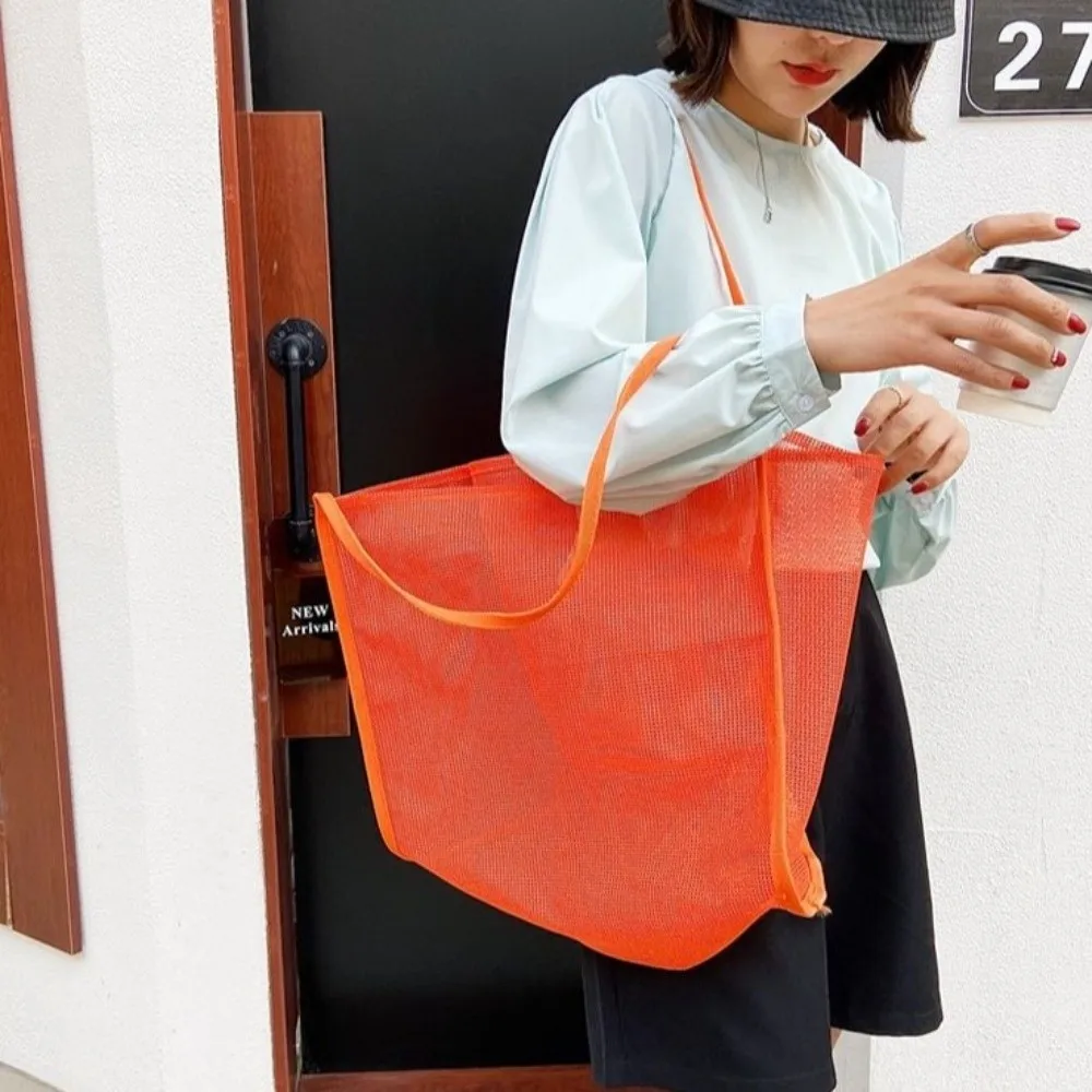 

Pouch for Make Up Kit Nylon Mesh Shoulder Bag Pockets Large Capacity Beach Handbag Breathable Foldable Hollow Tote Bag Shopping