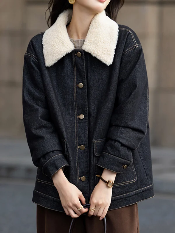 شتاء 2025 بلو طوق الدنيم القطن Jaet المرأة عادية زر واحد ort الدافئة ملابس خارجية علوية Thiened طويلة Sve C...