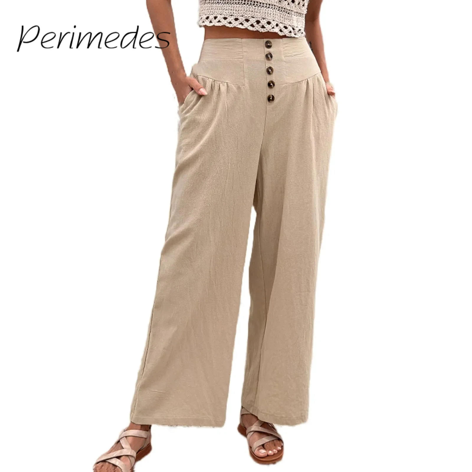 Spring And Summer New Pants Foreign Trade Button Cotton Linen Pants Casual Pantalones Comfortable Solid Color Loose Trousers