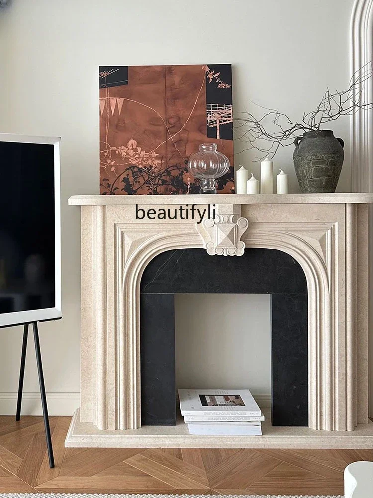 

D071 Fireplace French Retro Living Room Stone Carving Fireplace American and European Style Natural Stone Fireplace Curio Cabine