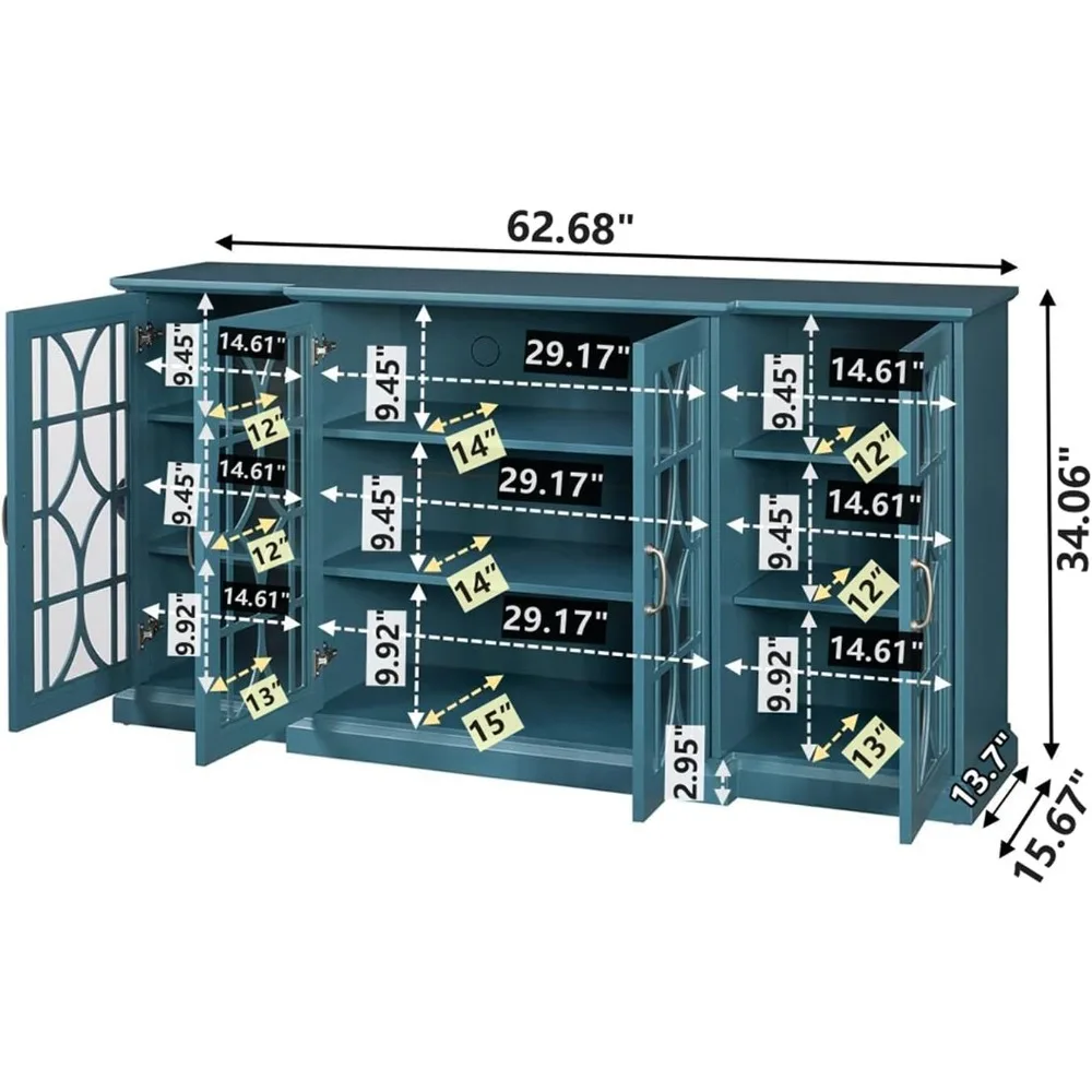 TV Stand, Storage Buffet Cabinet, Sideboard with Glass Door and Adjustable Shelves,Teal Blue