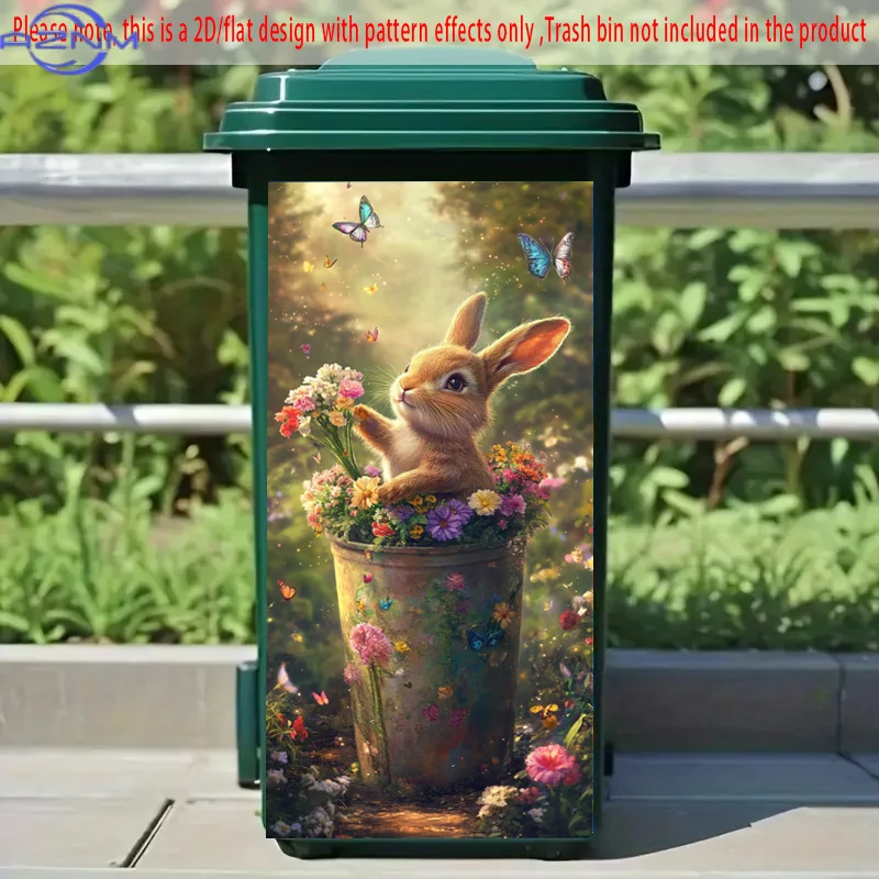 1pc Self-Adhesive Dustbin Sticker - Cute Bunny with Butterflies & Blooms Design, .01x cm PVC Decorative Art for Nature-Themed