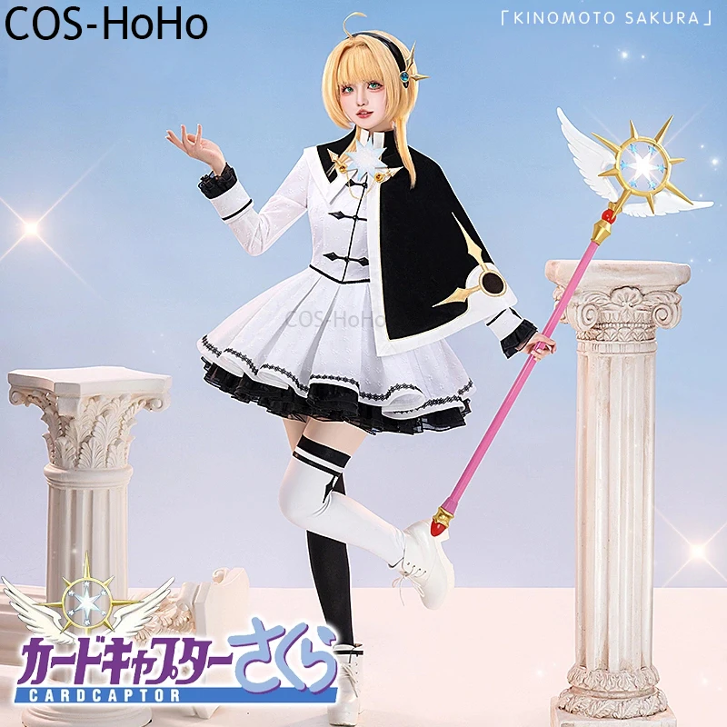 COS-HoHo Cardcaptor Sakura Kinomoto Sakura Black White Cover Dress Game Suit Sweet Lovely Cosplay Costume Halloween Party Outfit