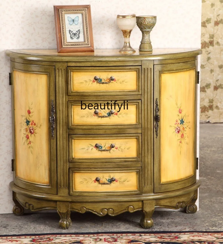 American porch, foyer, aisle, corridor table, retro painted four buckets, two doors, storage, semi-round cabinet
