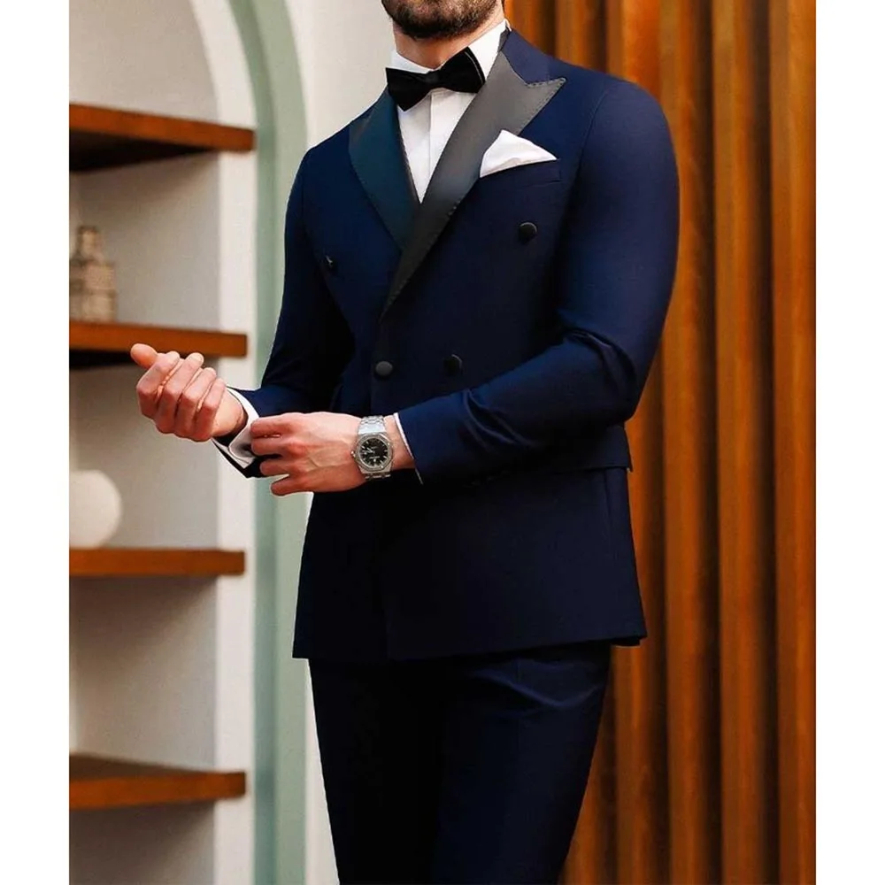 Fashion Peak Lapel Double Breasted Suits for Men Chic Casual Formal Business Wedding Tuxedo 2 Piece Men Suit Slim Blazer Pants