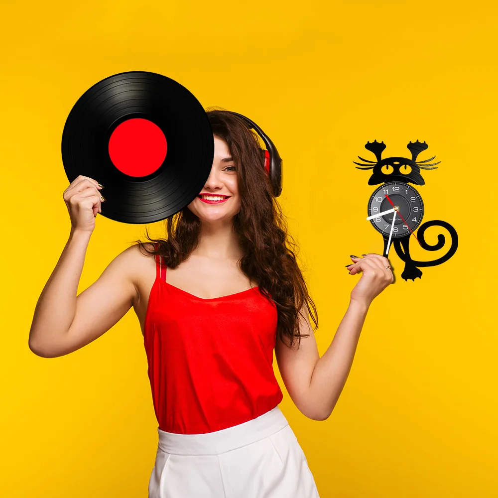 Cat Wall Clock For Pet Owners Funny Kitten Wall Art Black Cat Vinyl Record Wall Clock Home Decor Vinyl Record Timepiece Clock