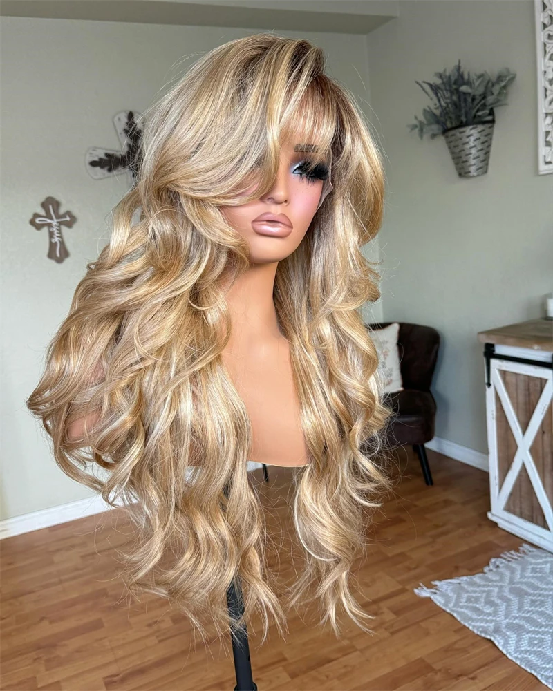 Light Honey Blonde with Icy Highlights Lace Part Wig with Bangs Big WAvy Soft Synthetic Lace Front Wig Fringe Natural Wig Women