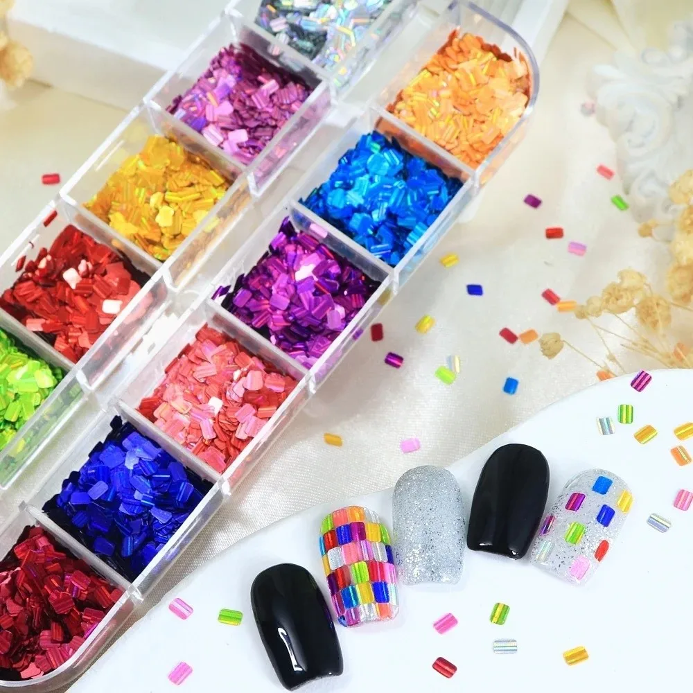 12-Grid Nail Art Sequins Laser Shiny Holographic Nail Decoration Accessories Square Shape Rectangular Shape Nail Glitter Flakes