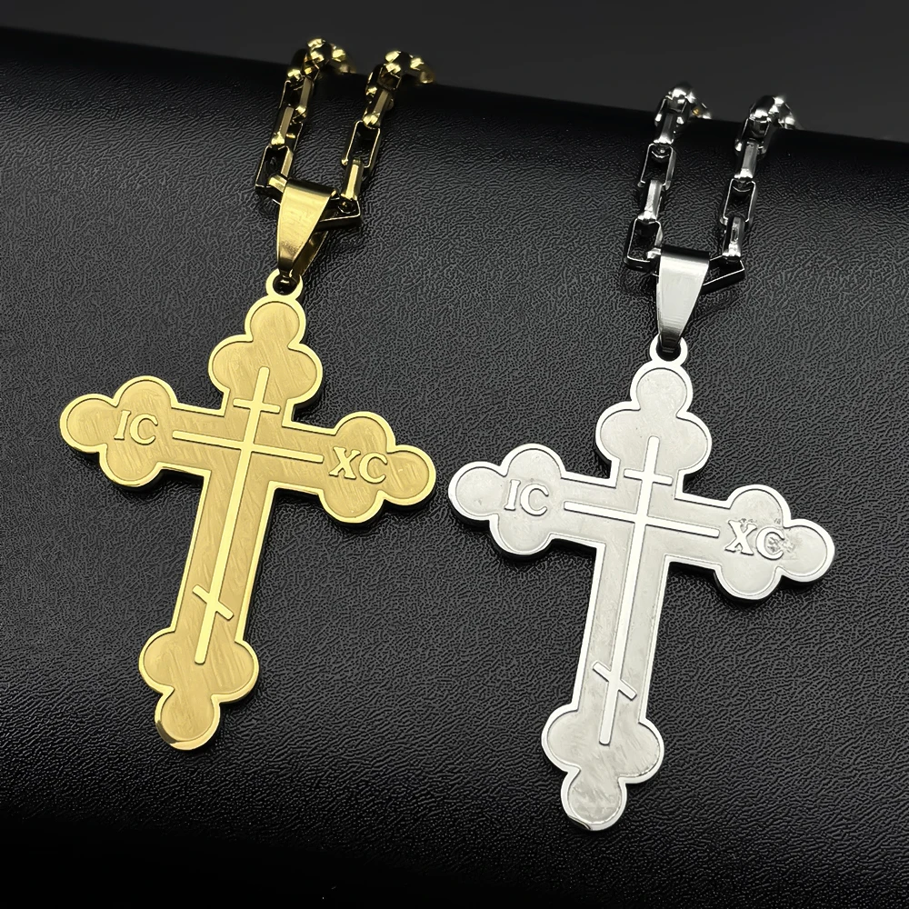 Orthodoxe Jesus-Kreuz-Anhänger-Halskette für Männer und Frauen, Edelstahl-Kettenhalsketten, religiöser goldfarbener Amulett-Schmuck, Geschenk