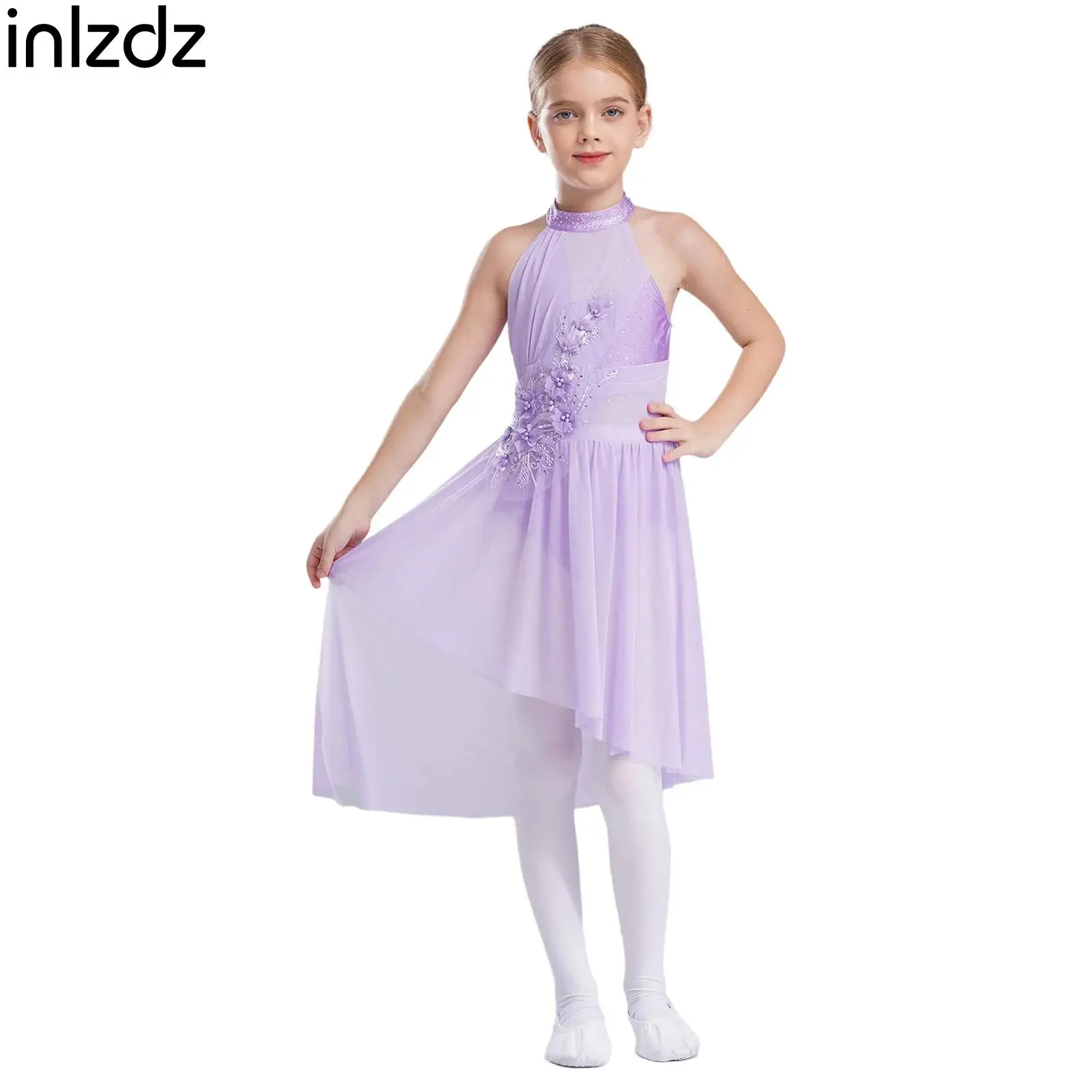 

Kids Girls Applique Elegant Lyrical Modern Dancewear Figure Skating Dress Sleeveless Rhinestone Gymnastics Ballet Leotard Dress