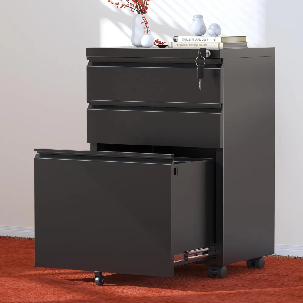 Mobile File Cabinet with Lock,Under Desk Rolling Metal Filing Cabinet for Home Office, Black 3 Drawer File Cabinets with 5 Whee