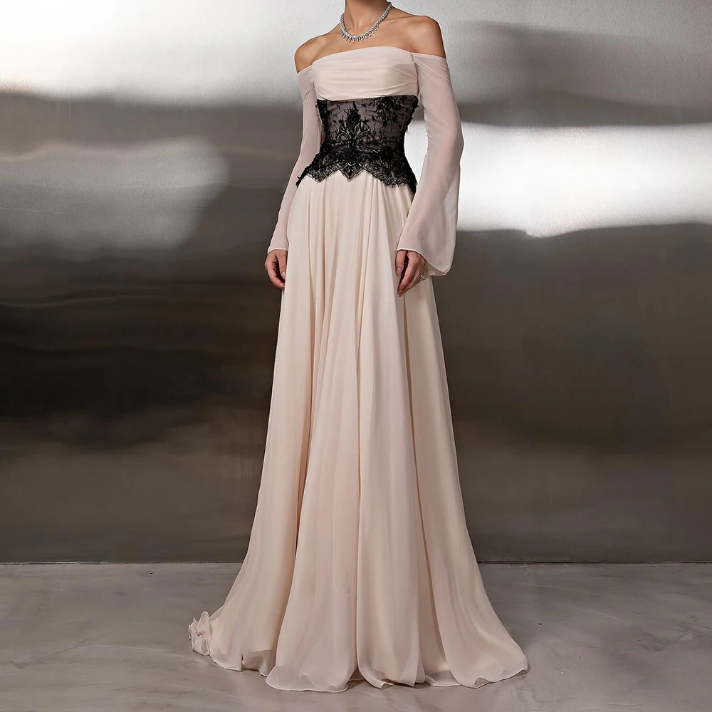 

Customized A-line Evening Dresses Floor-length Off The Shoulder Full Sleeve Prom Gown Fashion Lace Simple Draped Party Gown