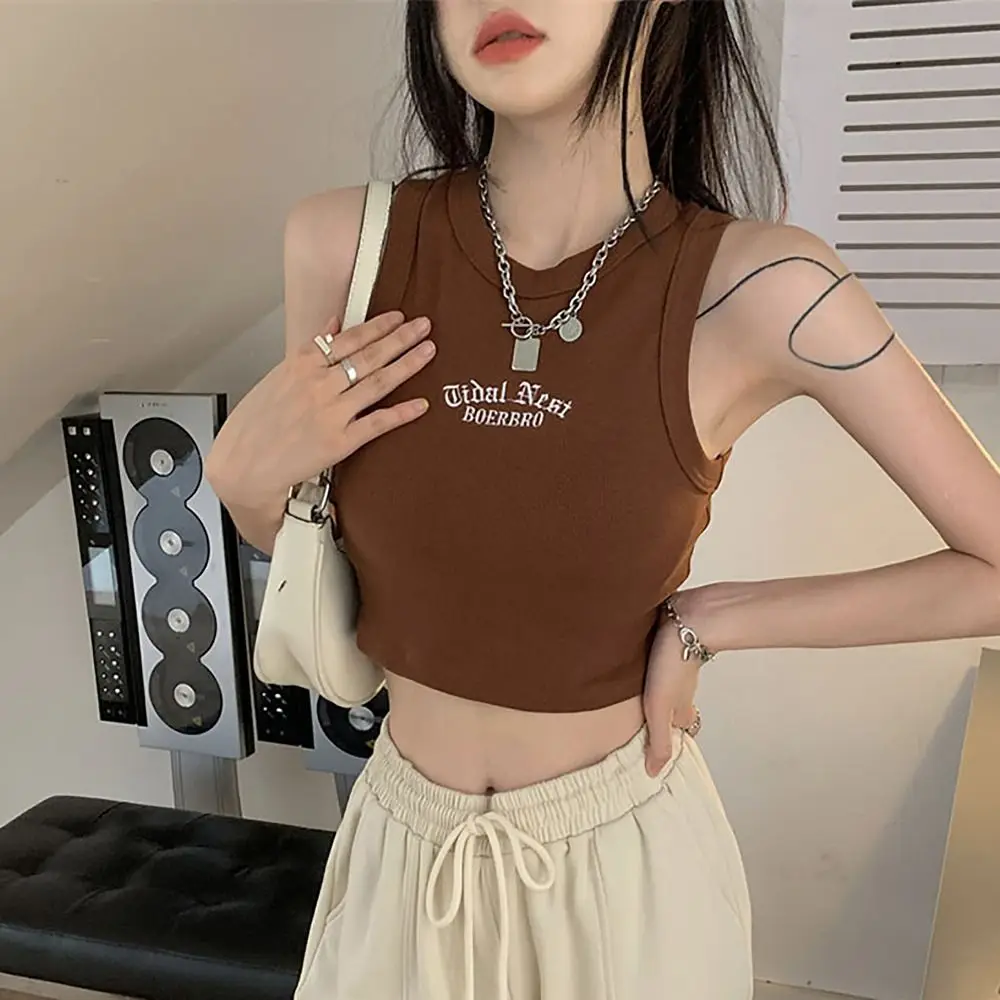 Microelastic Sleeveless Blouse Fashion S M L Slim Version Sports Vest Embroidery Sling Girls Women