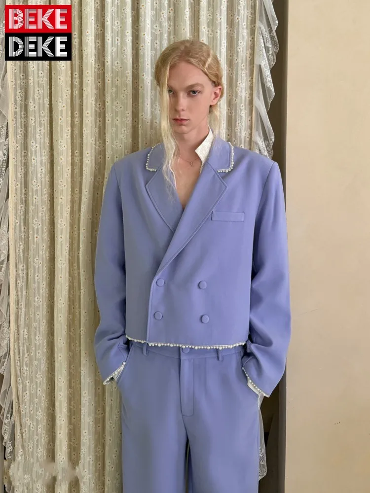 

Модные молодежные мужские короткие блейзеры, двубортное пальто, однотонный банкетный костюм, куртка, брюки полной длины, комплект из двух предметов