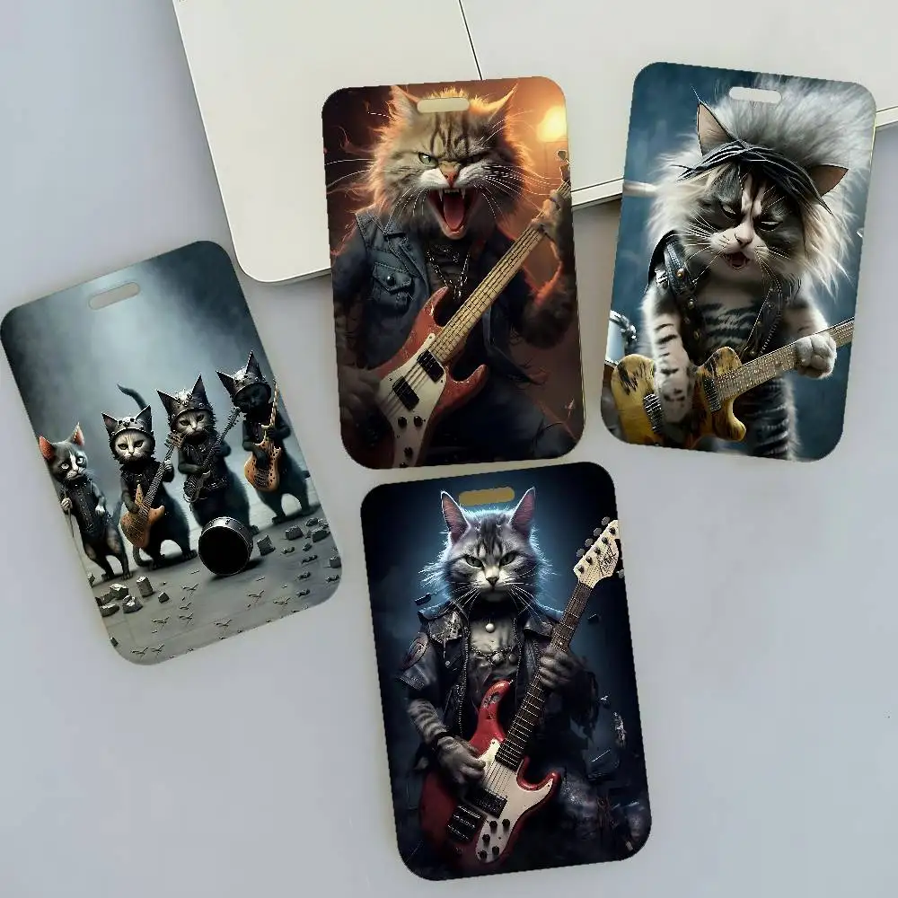 Rock Roll Music Cool Cat Guitar Badge Holder Lanyards Keychain Women New Card Holders Neck Straps Student Credential For Gift