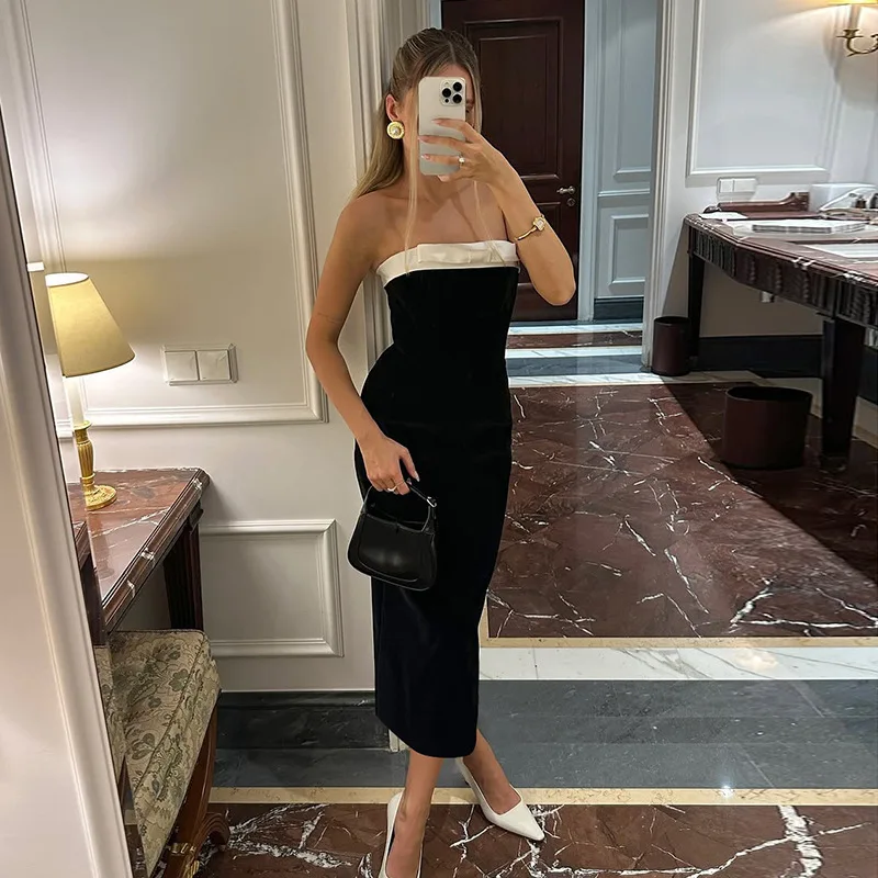 2025 여름 신상 여성 블랙 & 화이트 패치워크 바디콘 드레스 섹시 슬림핏 패셔너블 여성 클럽 파티웨어 트렌디 의상