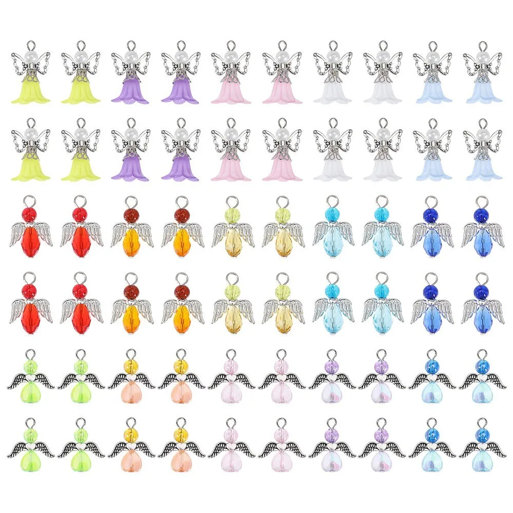 

1set 60pcs 12 style Glass with Alloy Wings Fairy Mixed color 24~41mm Hole: 2.5~3mm 5pcs/style