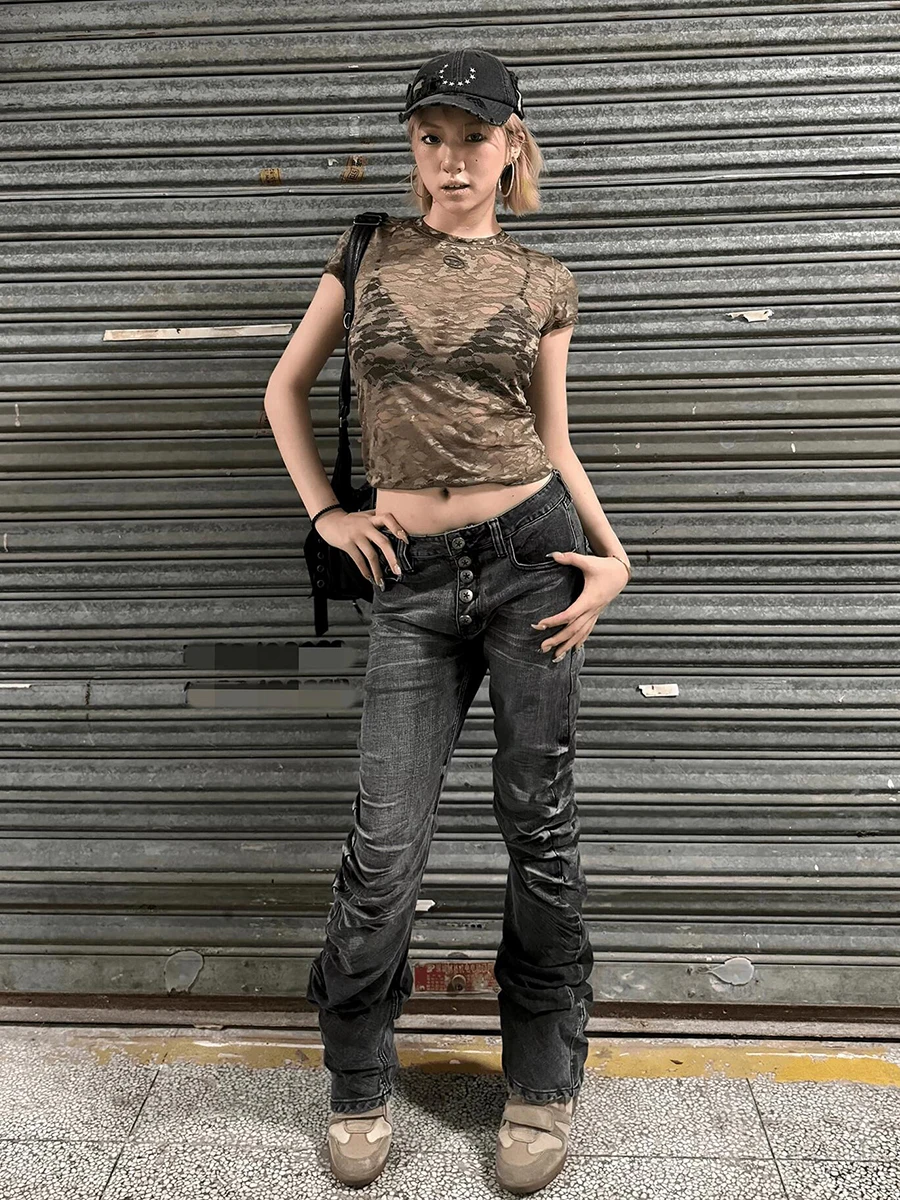 ReddaChic Shirring Black Jeans for Women Street Vintage Washed Buttoned Low Rise Whiskers Bootcut Pants Harajuku Y2k Bottoms