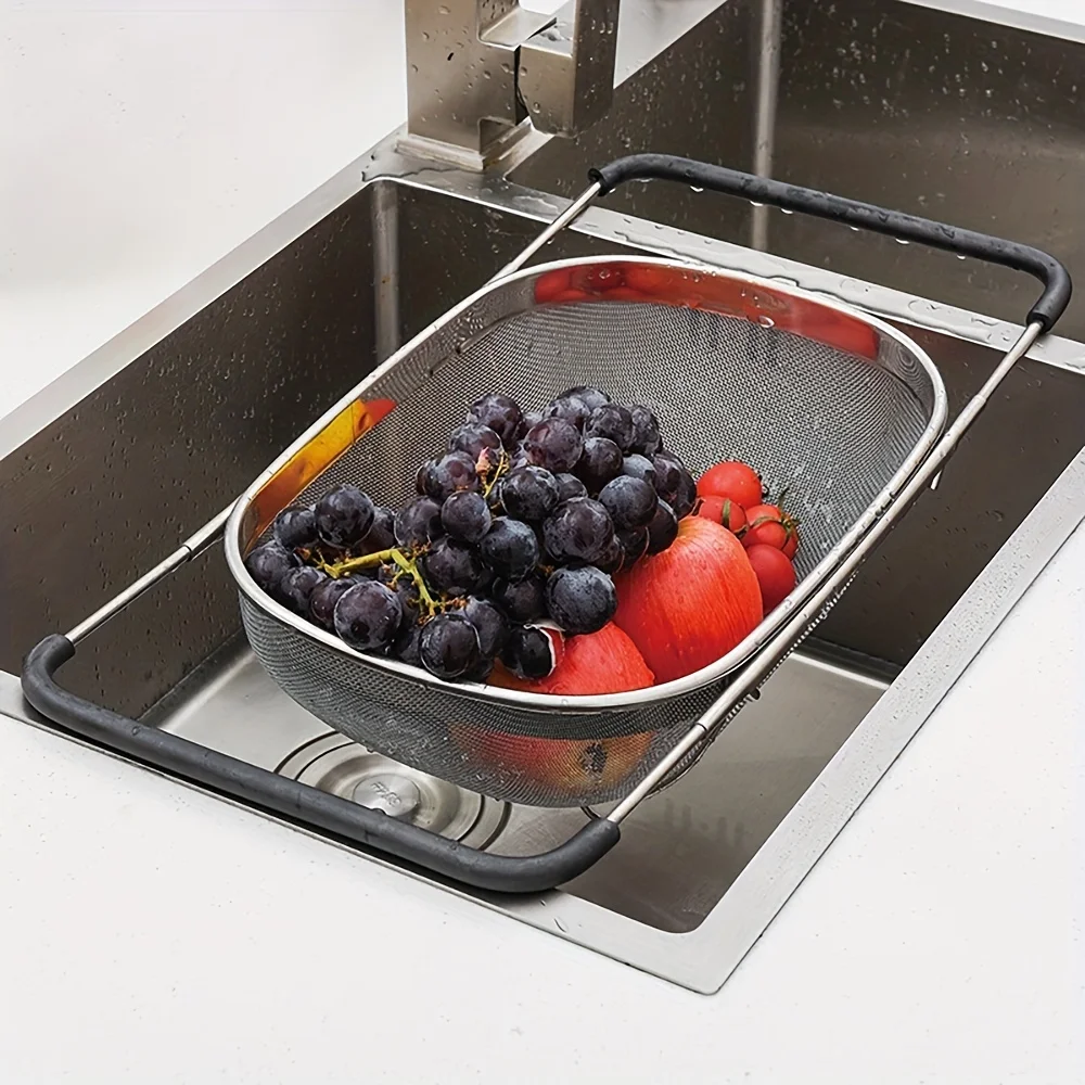 

304 Stainless Steel Extendable Sink Strainer Basket, Fruit Vegetable Washing Basket For Kitchen Sink With Rubber Handle, Fine Me