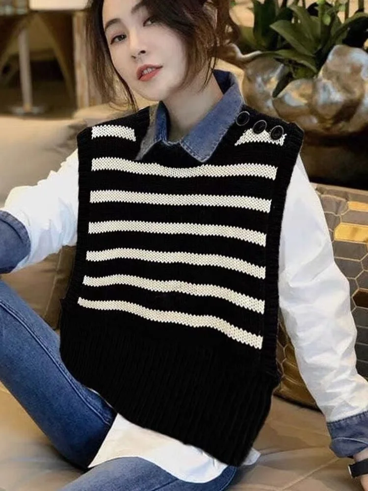 Women Striped Pullover Patchwork Sweater For Spring Autumn 2023 New Long Sleeve Denim Turn Collar Female Knit Shirts Blouse