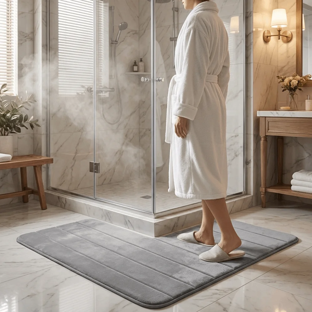 Coral Velvet L-Shaped Bathroom Floor Mat Wear-Resisting Right Angle Shower Room Mat Striped Absorbent Foot Mat Bathroom
