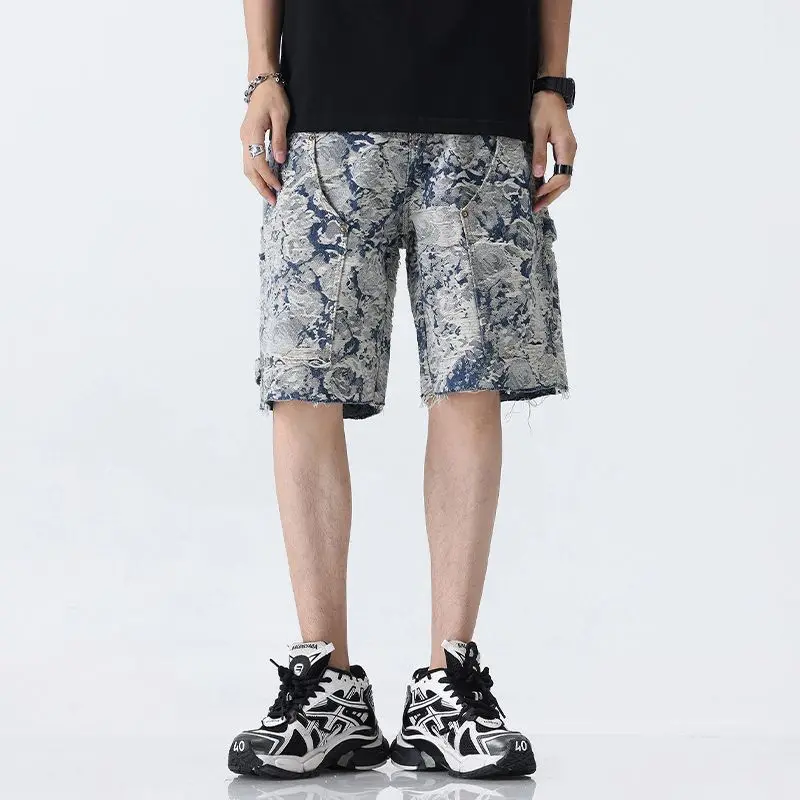 Summer jacquard denim shorts men's high-quality loose fitting straight leg five quarter pants casual pants cargo mens jeans
