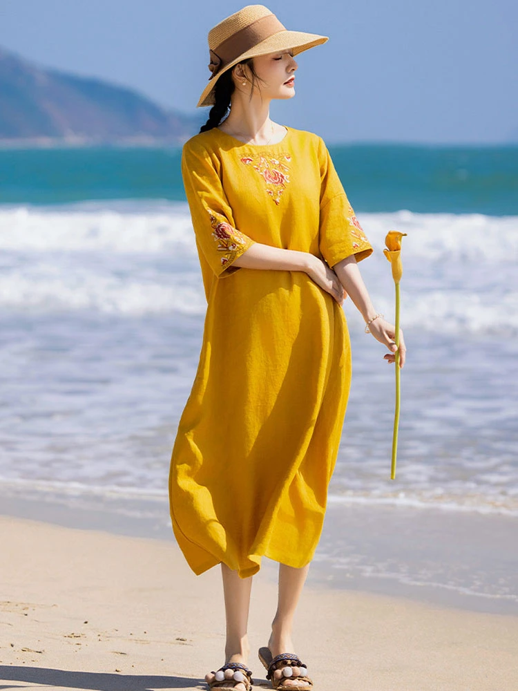 

100% Linen Women Casual Dress New 2025 Summer Vintage Style High Quality Floral Embroidery Loose Female Long Dresses T277