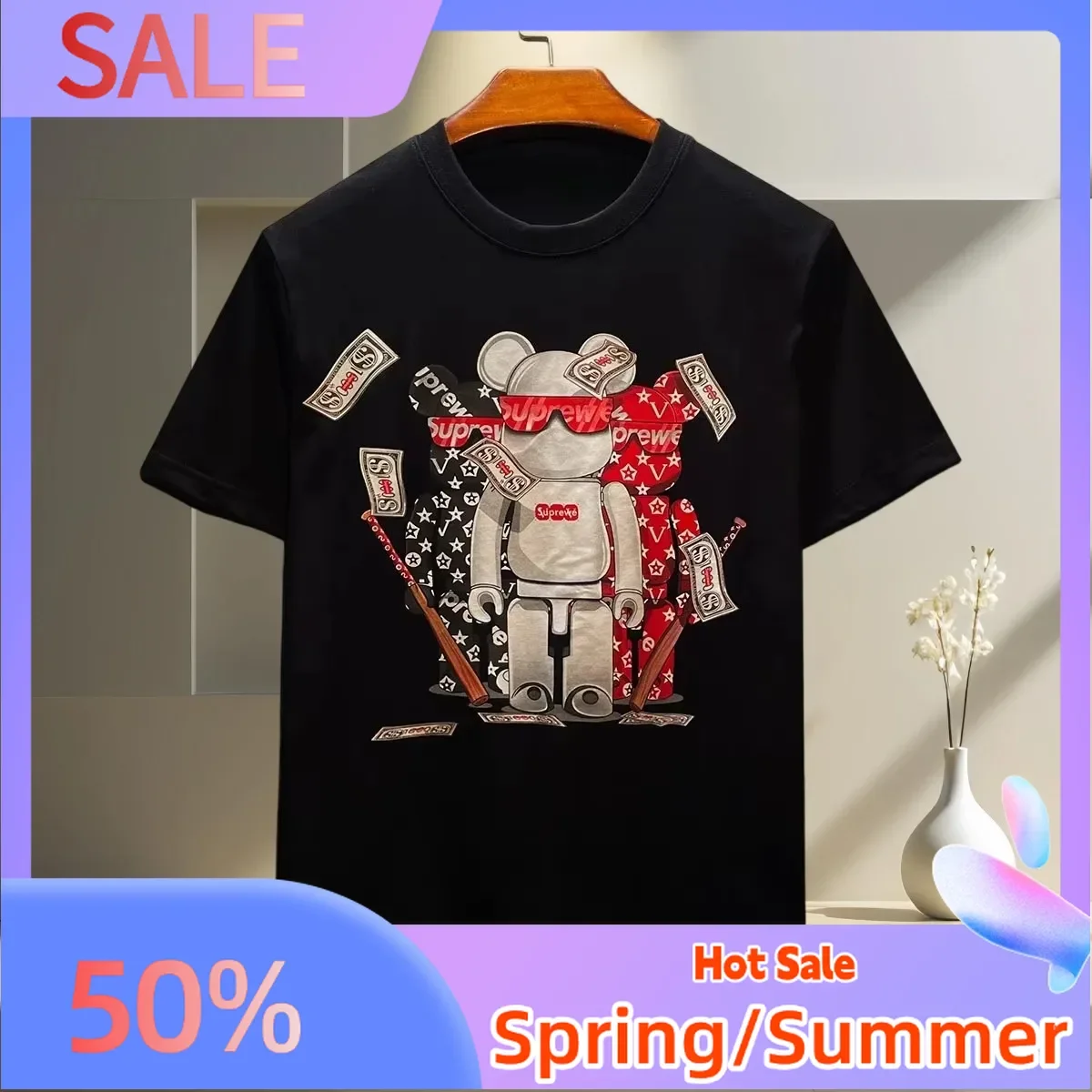

2025 Summer New High Quality Street Cartoon Baseball Bear Printed Street American Casual Men's and Women's T-shirt Top