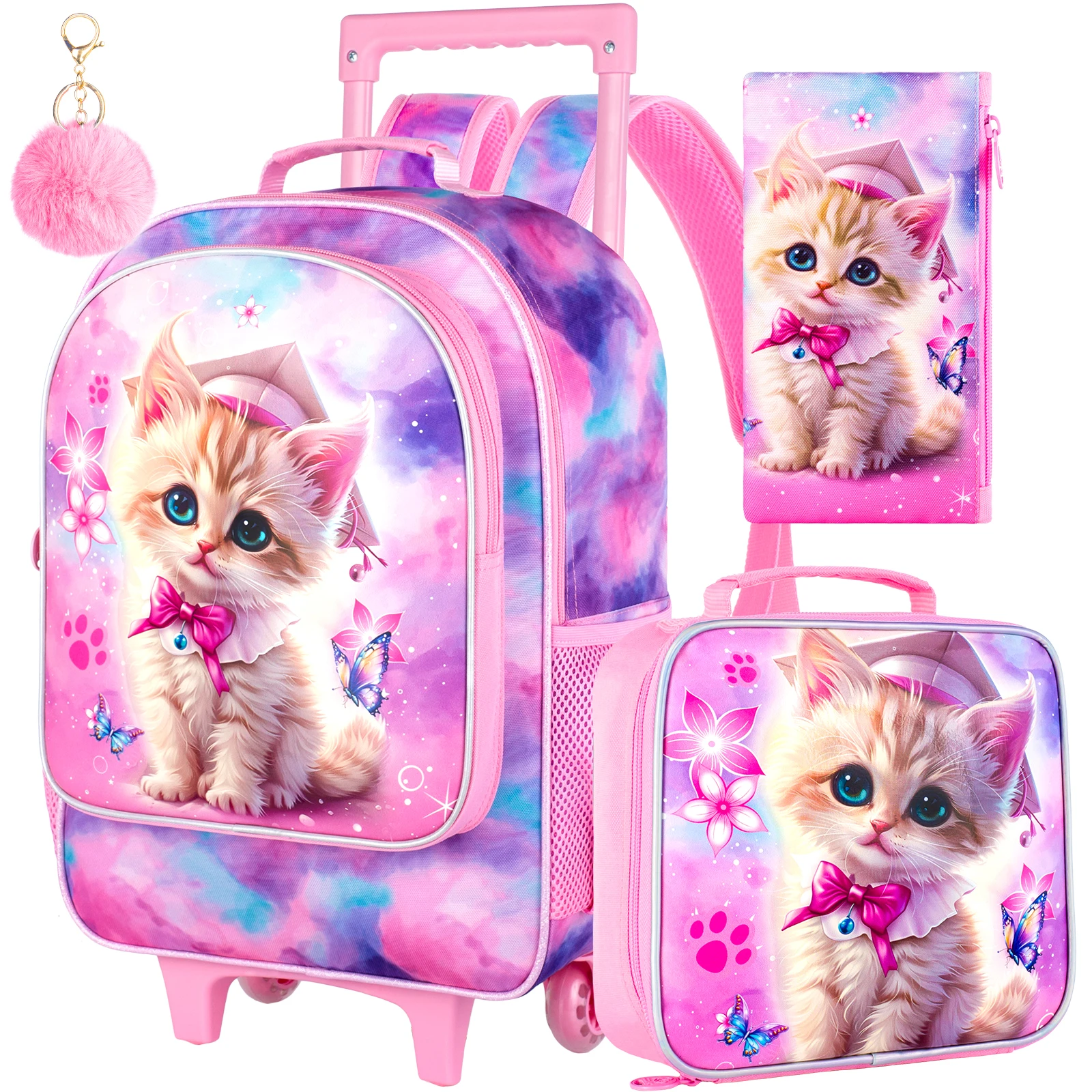 3PCS Rolling Backpack for Girls, Kids Roller Wheels Bookbag, Wheeled Elementary School Bag with Lunch Bag - Cat