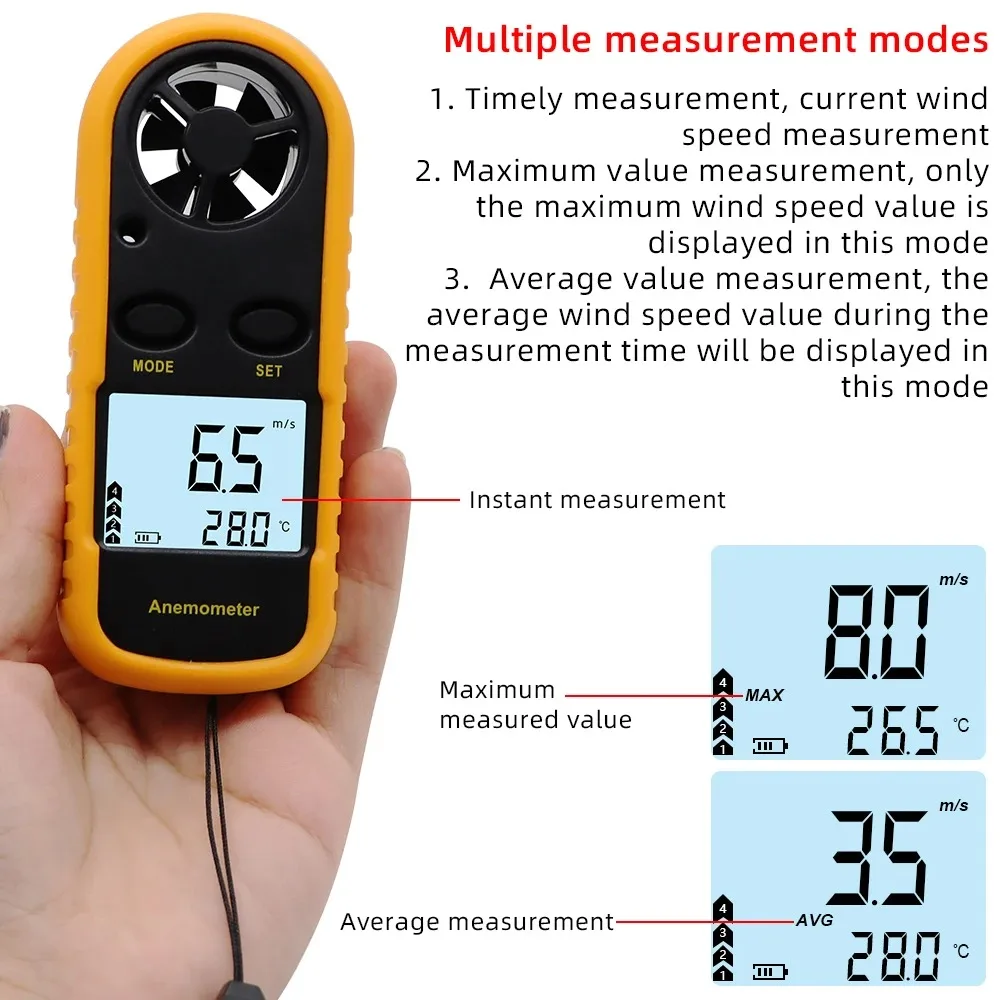 GM816 Digital Anemometer Wind Speed Mini Air Velocity Airflow Temperature with LCD Backlight Wind Speed Meter