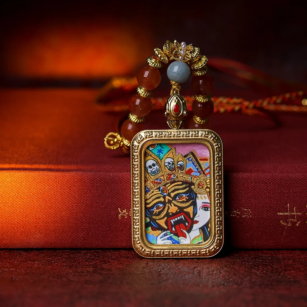 New titanium steel hand-painted gold zakiram thangka colour-preserving plating pendant southern red agate necklace jumper chain