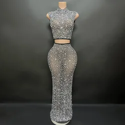 Elegant Sexy Rhinestone Two-Piece Set Evening Dress for Women Elastic Wedding Birthday Celebration Sexy Rhinestone Dress